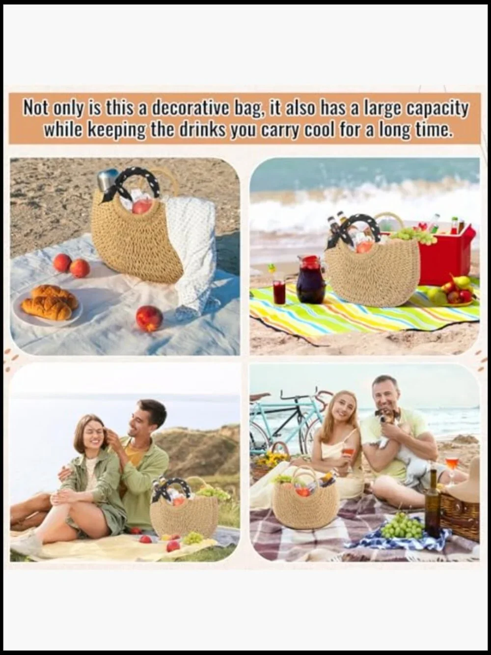 Insulated Straw Beach Cooler Bag Woven Tote Drawstring Closure Leak Proof Picnic